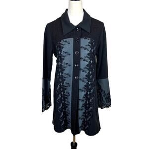 Gretty Zueger Black Ponte Knit Button Front Embroidered Lace Coatigan Jacket